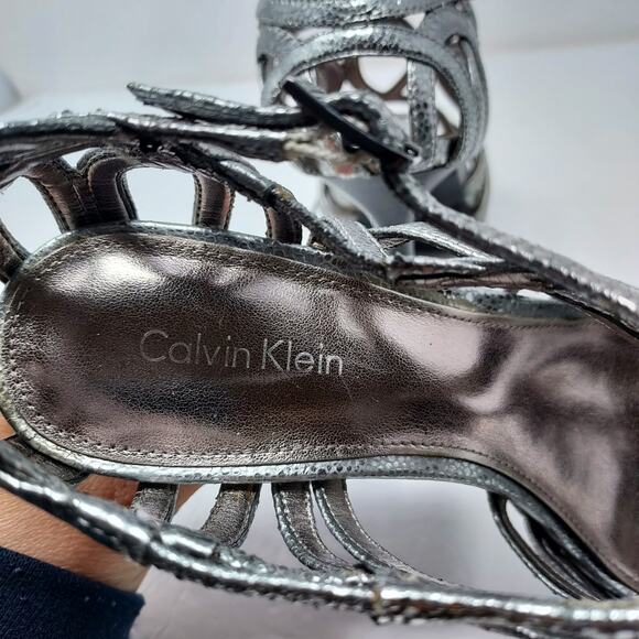 Calvin Klein Silver Strappy Peep Toe Heels Size 6.5 - Picture 5 of 8